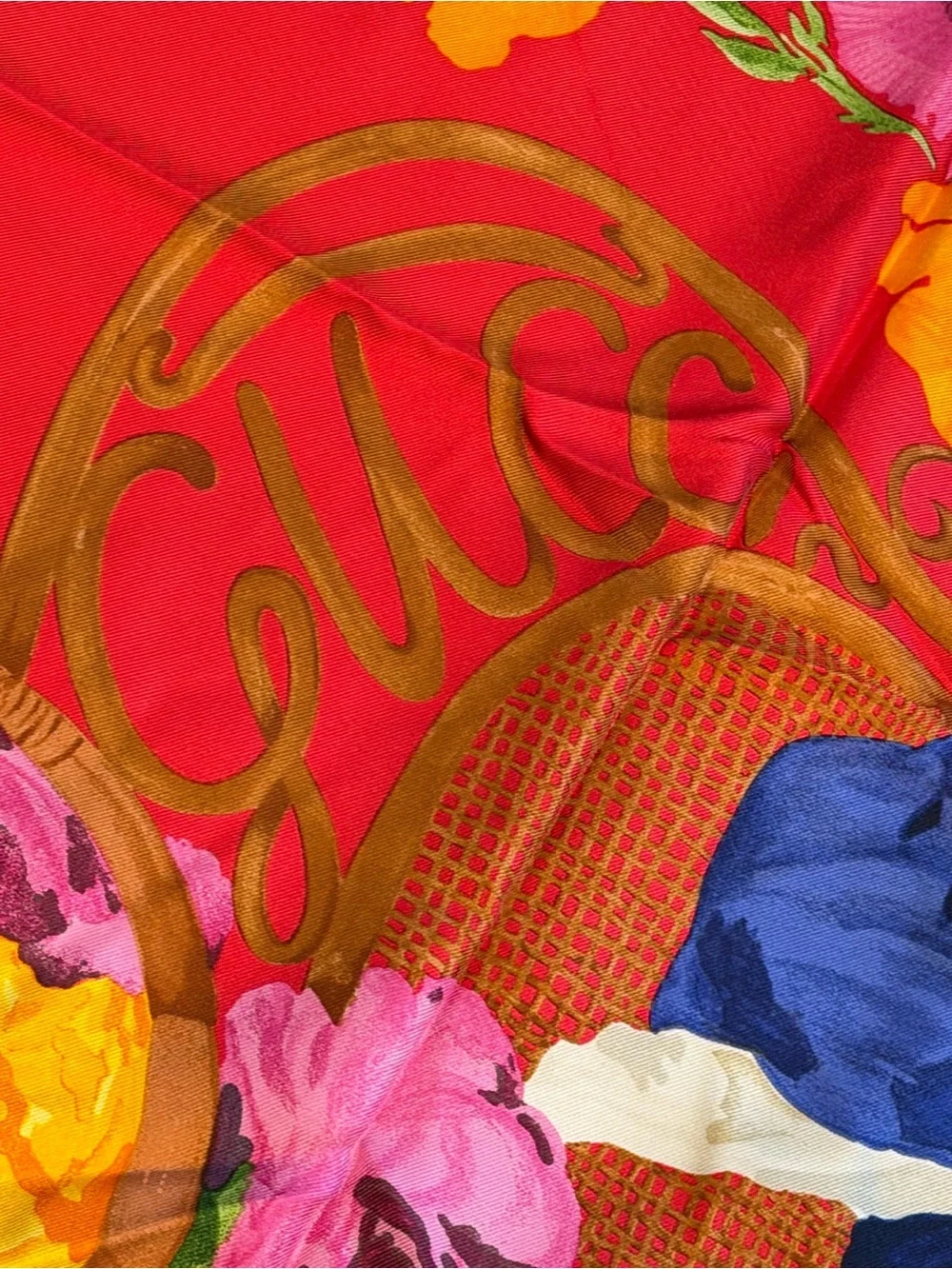 Gucci Red Silk Floral Scarf with Pink and Green Accents